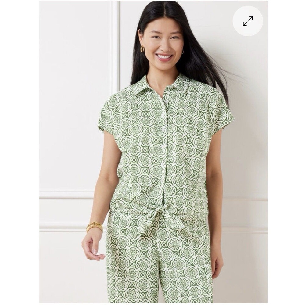 Talbots Linen Cotton Tie Front Top Womens Medium Green Medallion Print Coastal